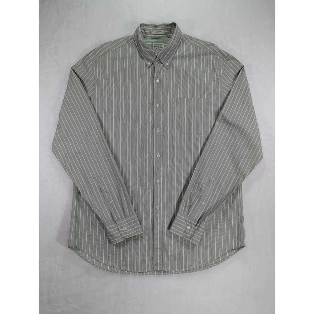 J.Crew Classic Secret Wash Size Large White w/Green Vertical Stripes Long Sleeve